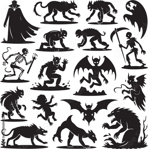 Halloween monsters and creatures silhouettes collection