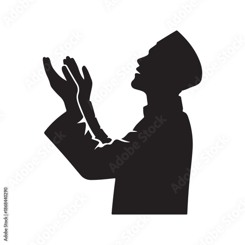 Profile silhouette of a Muslim man with hands raised in prayer and devotion for Ramadan background