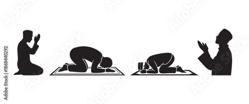Sequence of Muslim prayer positions silhouettes including sitting, prostration, and dua for Islamic projects