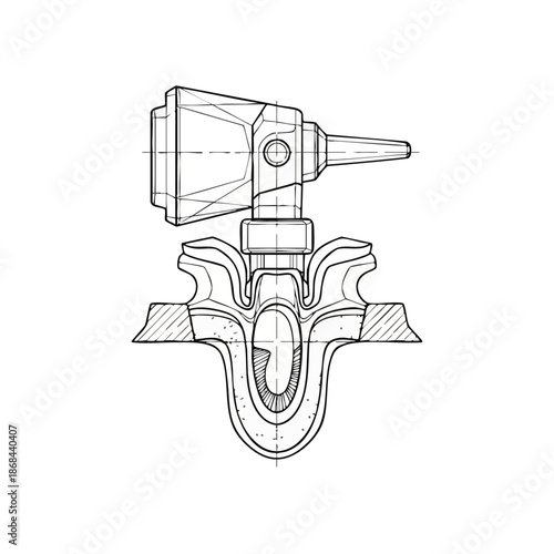 Technical drawing of an otoscope, a medical device for examining the ear, on a white background