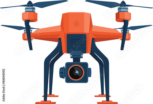 Stylized quadcopter drone illustration, orange and blue design, aerial photography technology, surveillance, videography, delivery services, futuristic innovation, flying machine concept