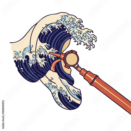 Surfer riding a giant wave inside a human ear, symbolizing listening to nature or the sound of the ocean