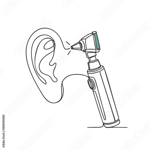 Minimalist line art illustration shows an otoscope examining a human ear, symbolizing medical examination and hearing health.