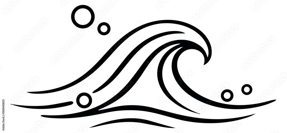 Fototapeta premium Line art illustration of an ocean wave depicting a cresting wave with bubbles for marine and travel designs