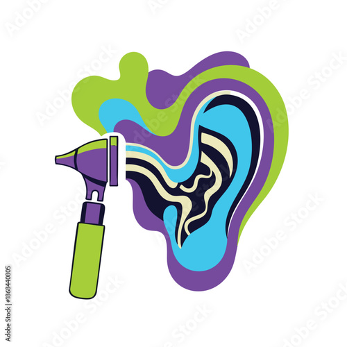 Abstract illustration of an otoscope emitting colorful sound waves into a stylized human ear, symbolizing hearing and audiology.