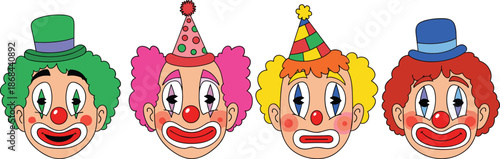 Cartoon clown faces with different colored hair and hats clowns colorful