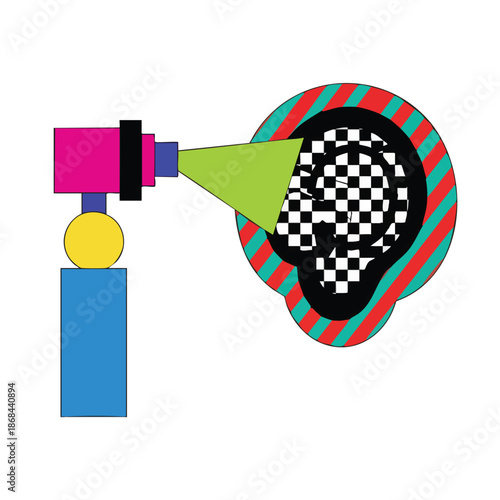 Abstract illustration of an otoscope examining a stylized ear with a checkered pattern inside, symbolizing medical examination.