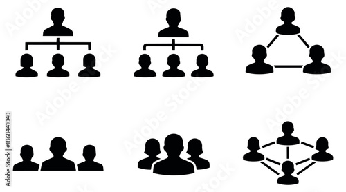 Minimalist people icon set featuring various representations of teams, hierarchy, and networks for business and social connections