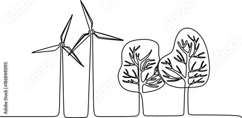 Continuous one line drawing of wind turbines and trees for green technology and nature conservation concept