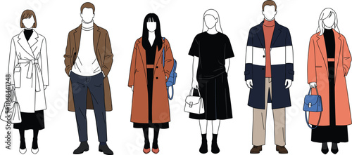 Fashion people illustration set, modern men women outfits, flat character design, stylish urban clothing, vector style, fashion concept collection isolated