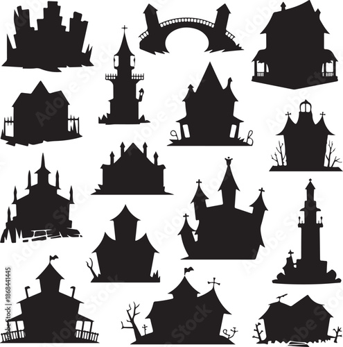 set of black silhouette buildings and houses with towers and bridges