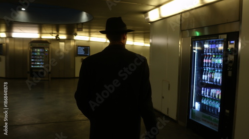 Man in coat and hat walking through underground passage