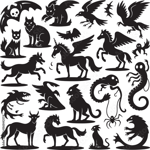 Various mythical creatures and animals in black silhouette on white background