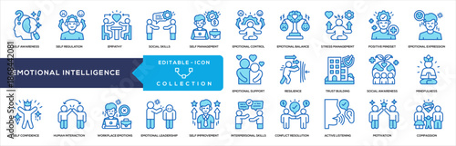 Emotional Intelligence Blue Icon Collection. Containing self awareness, self regulation, social skills, self management, emotional control, emotional balance, stress management, positive mindset, emot