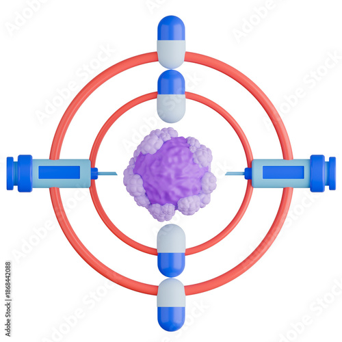3D medical illustration showing drug capsules and syringes aligned like crosshair or target aiming at a central tumor. Represents targeted therapy.