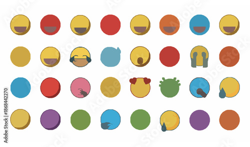 Colorful emoji faces vector icon set with 88 expressive cartoon smileys for emotions and reactions