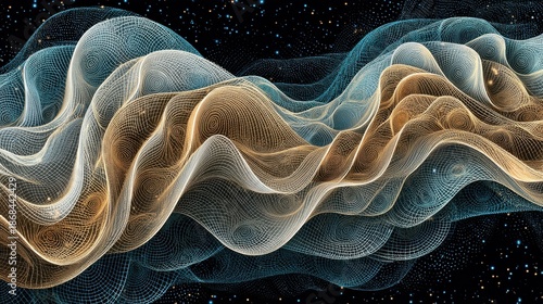 Abstract flowing waves of glowing particles in cool blue and warm orange hues against a dark speckled background science fiction concept