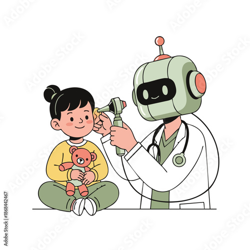 Friendly robot doctor examines a young child's ear with a modern otoscope, promoting healthcare innovation and technology.