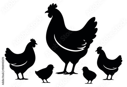 Black silhouette chicken set featuring a rooster, hens, and chicks for farm design