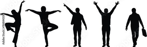 Five black silhouettes of people in various poses on white background