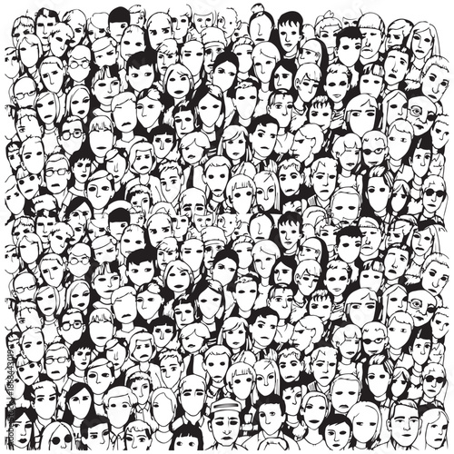 Crowd of Faces Line Art Illustration – Abstract Black and White Human Portrait Pattern