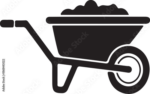 Black silhouette of a wheelbarrow filled with soil on a white background