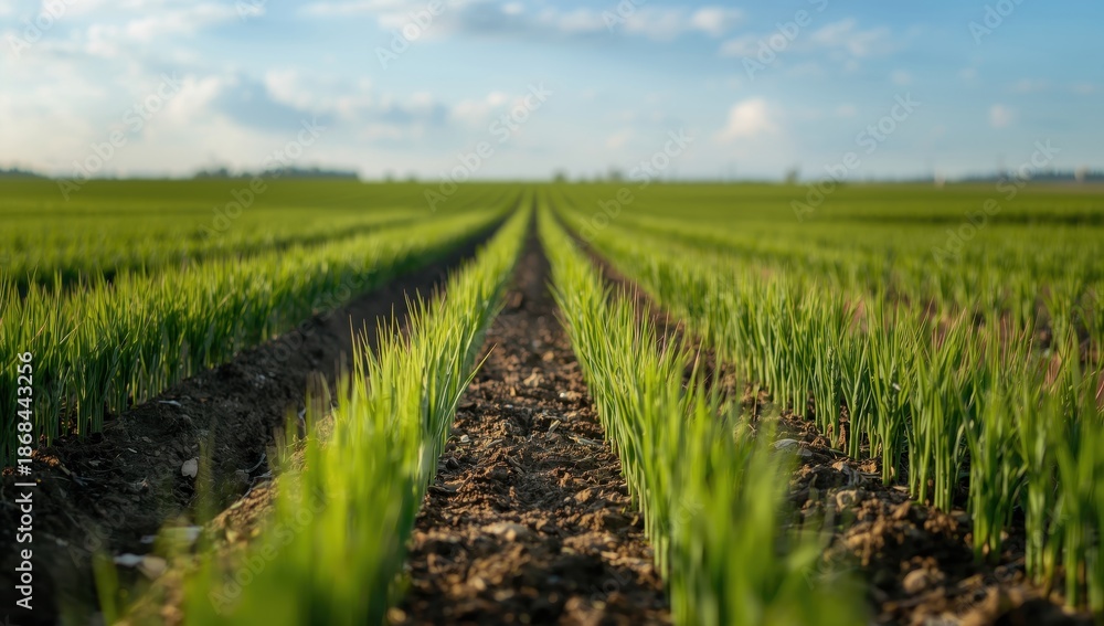 Fototapeta premium Lively green wheat sprouts form a thick blanket in the field, with delicate stems rising from fertile earth in orderly lines reaching out to the skyline