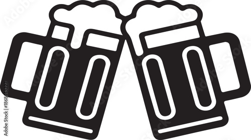 Two black beer mugs with frothy tops clinking together in a toast celebration clinking glasses