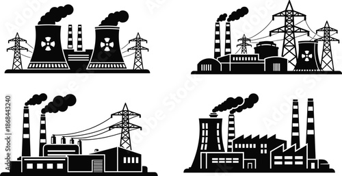 Industrial factory silhouettes with smokestacks and power lines