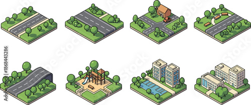 Isometric city landscape with roads trees buildings and park areas