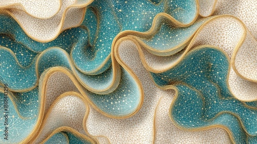 Abstract flowing waves of teal and white with gold glitter accents and elegant golden edges creating a luxurious textured background