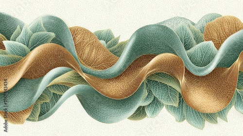 Abstract flowing waves of teal and copper with sparkling particles on cream background