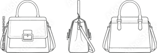 Line of three views of a leather handbag purse line fashion accessory