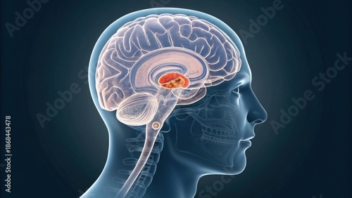 Transparent 3D view of the human brain with pineal gland highlighted