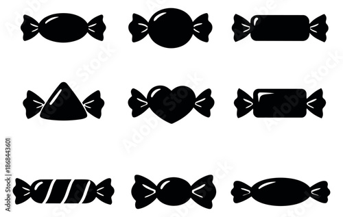 Simple icon candy set featuring various wrapped sweet shapes for confectionery design and festive occasions