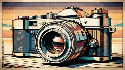 Very beautiful black and white hand drawn DSLR camera illustration, featuring detailed sketch lines and artistic texture, ideal for photography concepts, editorial design, and creative visual storytel