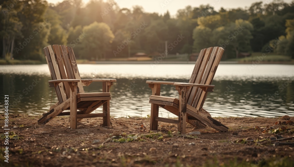 Fototapeta premium Lakeside wooden chairs. Concept for product placement in graphic design, banners, and 3D rendering