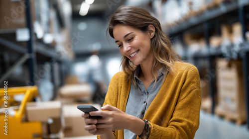 Faceless female warehouse worker scanning packages in storage room, woman using inventory tracking technology, logistics employee with scanner, defocused person working, with copy space
