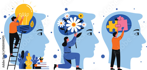 People putting ideas together in their minds with flowers books and puzzle