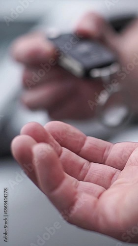 Male hand gives a car keys to male hand in the car dealership close up.