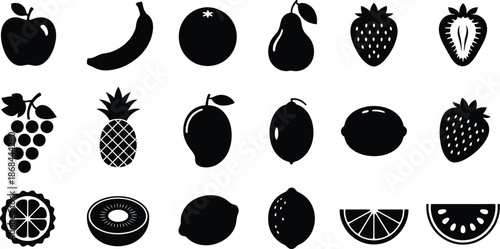 Collection of various fresh fruit icons in black silhouette