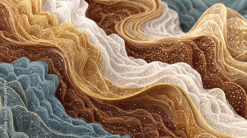 Abstract fractal landscape with flowing textures in warm and cool tones and sparkling particles