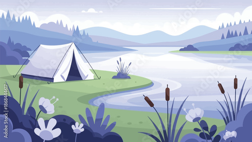 Peaceful lakeside camping illustration with a white tent, nestled in a serene natural landscape of rolling mountains and lush foliage, ideal for outdoor escape