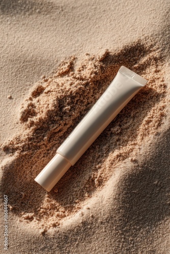 Moisturizing Skincare Cream on Sandy Beach with Ocean Background, Minimal Coastal Beauty Concept