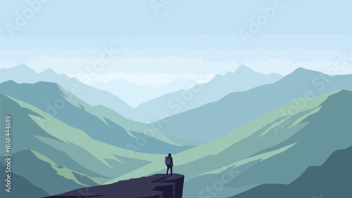 A solitary figure stands on a precipice, gazing out at a vast, rolling mountain range under a clear blue sky