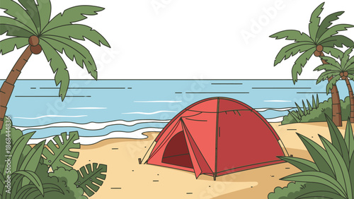 Illustration of a red tent set up on a sandy beach with palm trees and ocean in the background, depicting a tropical camping scene