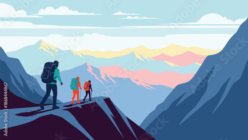 Hikers on a mountain ridge admire a breathtaking panorama of vibrant, layered peaks, capturing the essence of outdoor exploration and majestic natural beauty