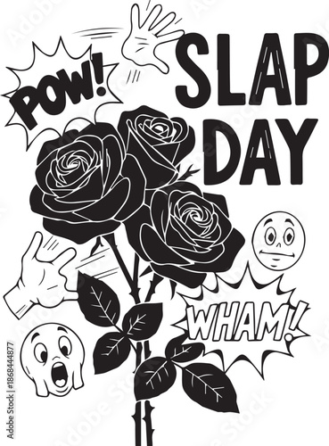 Slap Day Comic Art Illustration with Black Roses and Retro Cartoon Elements