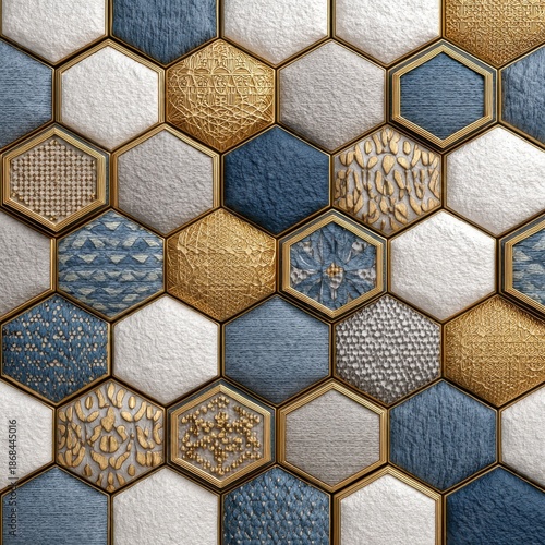 Abstract Geometric Hexagonal Pattern In Gold Blue And White Textured Background