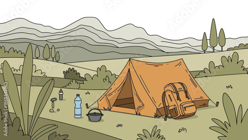 Illustration of a camping setup with an orange tent, backpack, water bottles, and pot in a natural landscape with hills